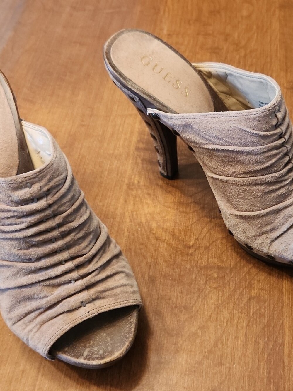 GUESS Taupe Ruched Suede Open-Toe Mules
